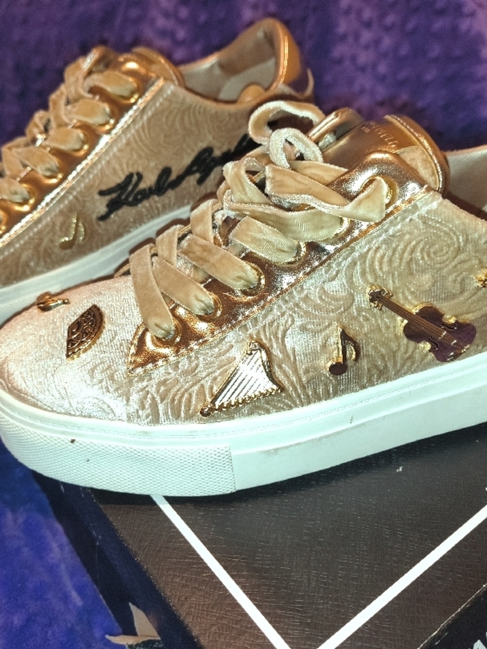 Karl Lagerfeld Gold Embroidered Velvet-Lace Women's Sneakers